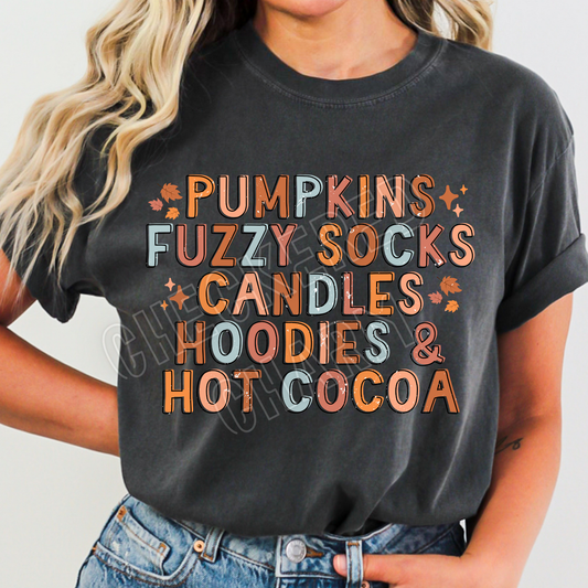 Pumpkins Fuzzy socks Candles Hoodies Hot Cocoa